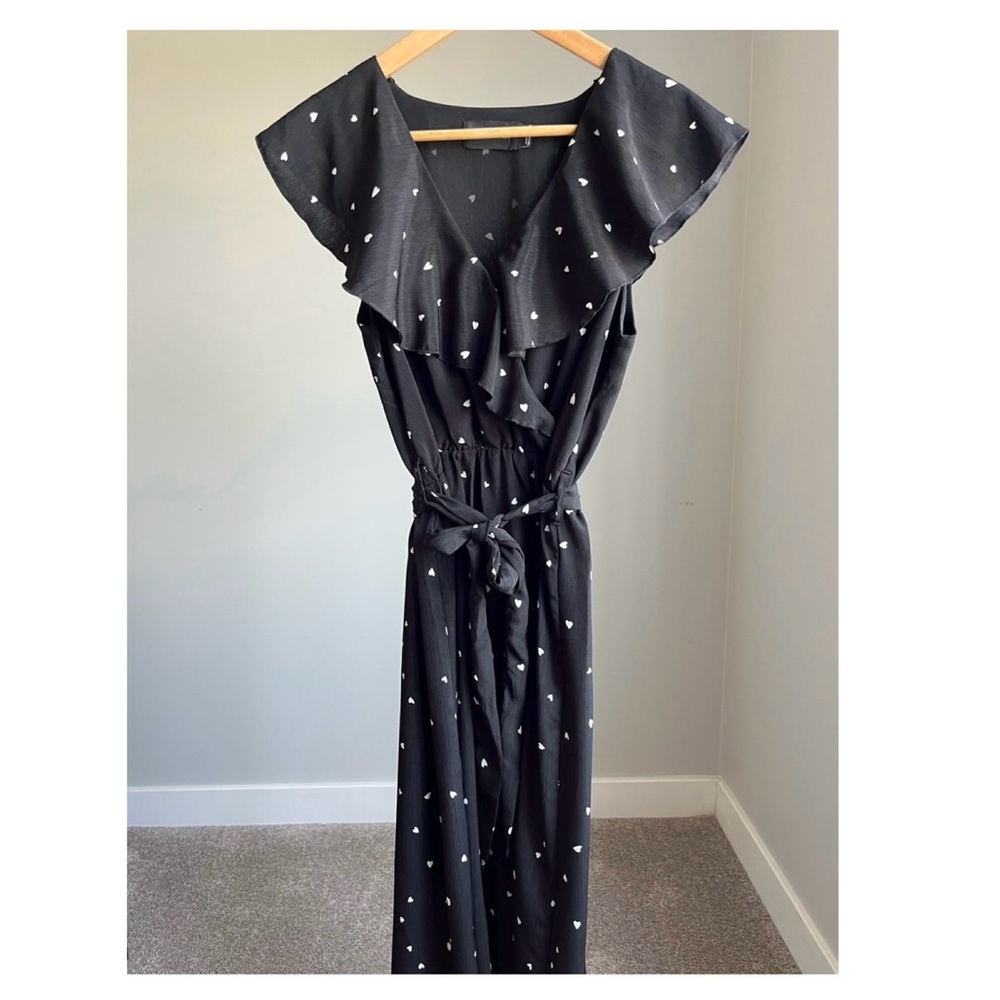 Black and White Heart Print Midi Maxi Mink Pink Dress - Size: Small
